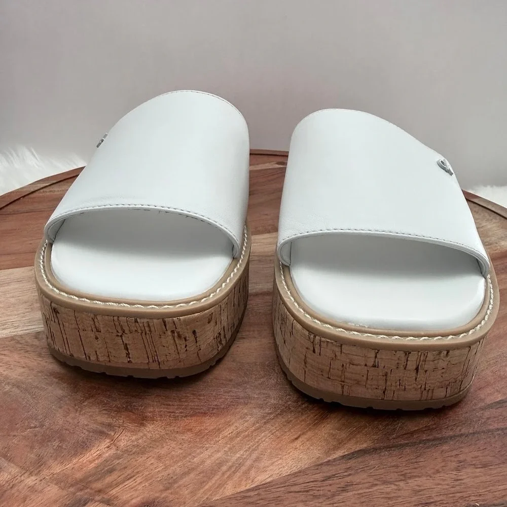 Calvin Klein White Arzelia Leather Cork Platform‎ Slide Sandals Womens 9.5 M